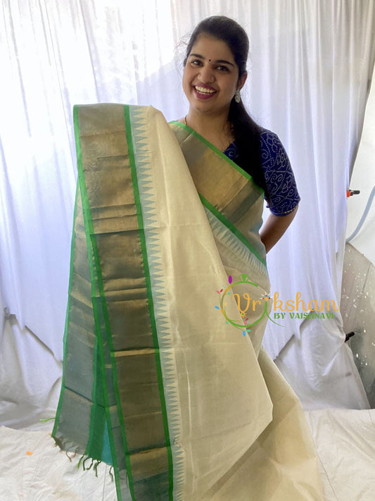 Half White Silk Cotton Saree with Aqua Green Border -VS682