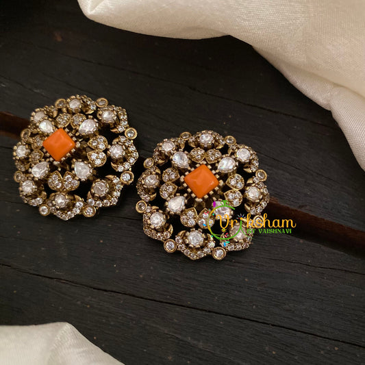 Orange Victorian Diamond Studs-Floral -VV815