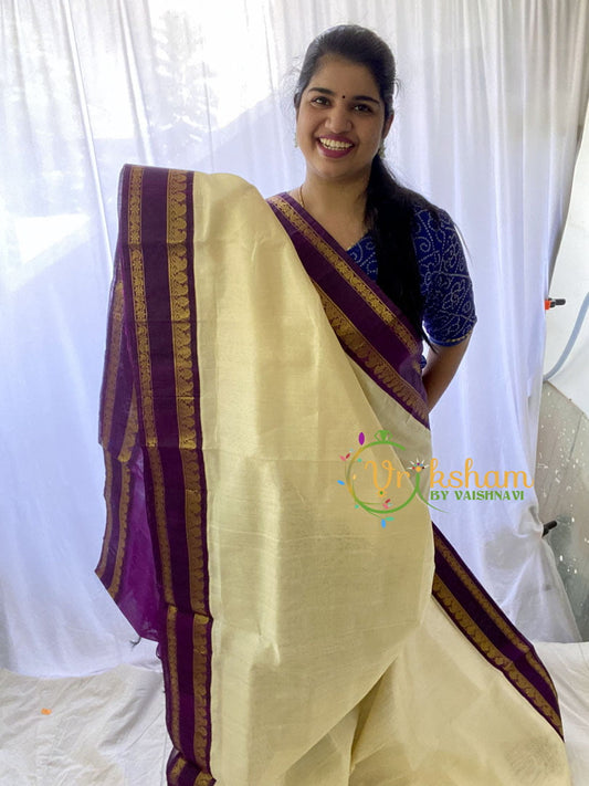 Half White Silk Cotton Saree with Purple Border -VS683