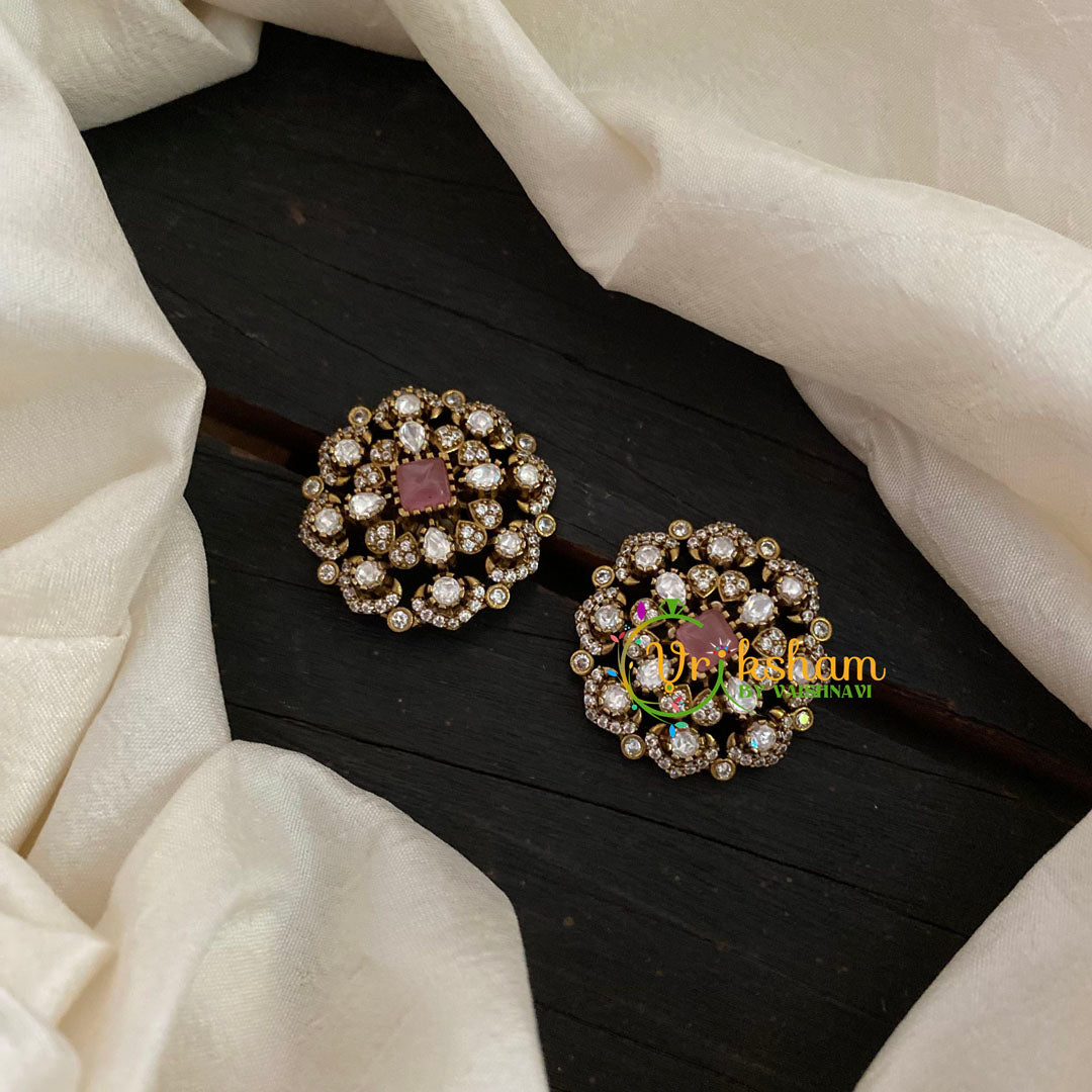 Pastel Pink Victorian Diamond Studs-Floral -VV813