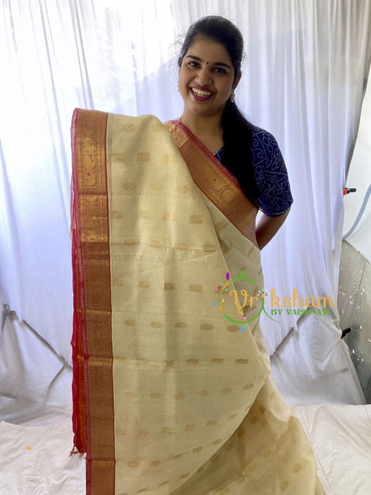 Half White Silk Cotton Saree with Red Border -VS684