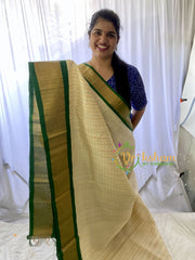 Half White Silk Cotton Saree with Green Border - 1000 Butta -VS685