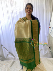 Half White Silk Cotton Saree with Green Border - 1000 Butta -VS685