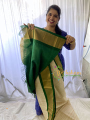 Half White Silk Cotton Saree with Green Border - 1000 Butta -VS685