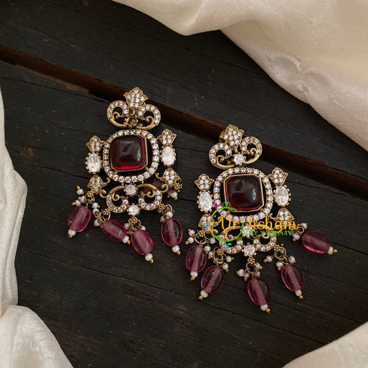 Maroon Victorian Diamond Studs-Pink Beads -VV811