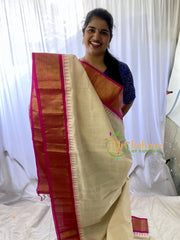 Half White Silk Cotton Saree With Pink Border -Temple Border-VS665