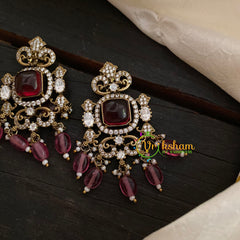 Maroon Victorian Diamond Studs-Pink Beads -VV811