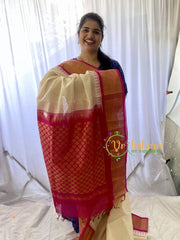 Half White Silk Cotton Saree With Pink Border -Temple Border-VS665