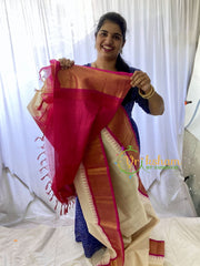 Half White Silk Cotton Saree With Pink Border -Temple Border-VS665