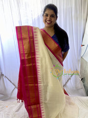 Half White Silk Cotton Saree With Pink Border -Temple Border 2-VS666