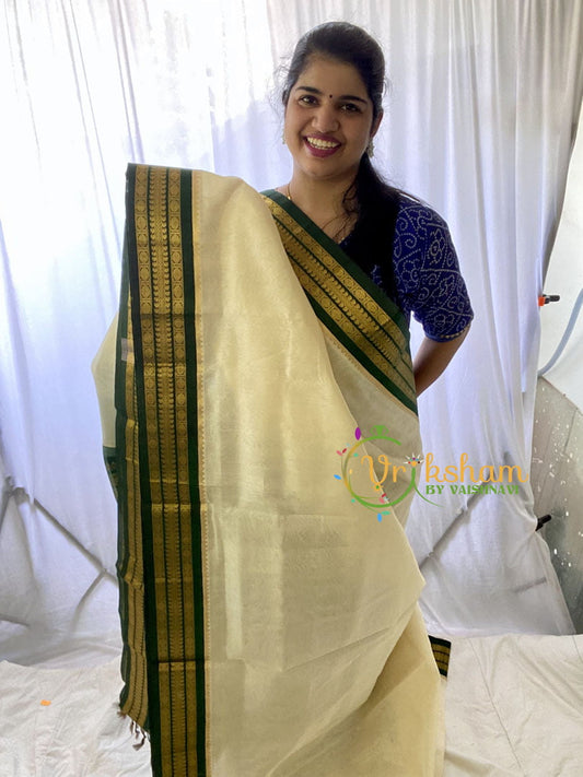 Half White Silk Cotton Saree with Dark Green Border-VS686