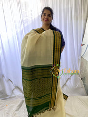 Half White Silk Cotton Saree with Dark Green Border-VS686