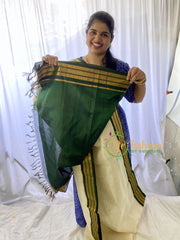 Half White Silk Cotton Saree with Dark Green Border-VS686