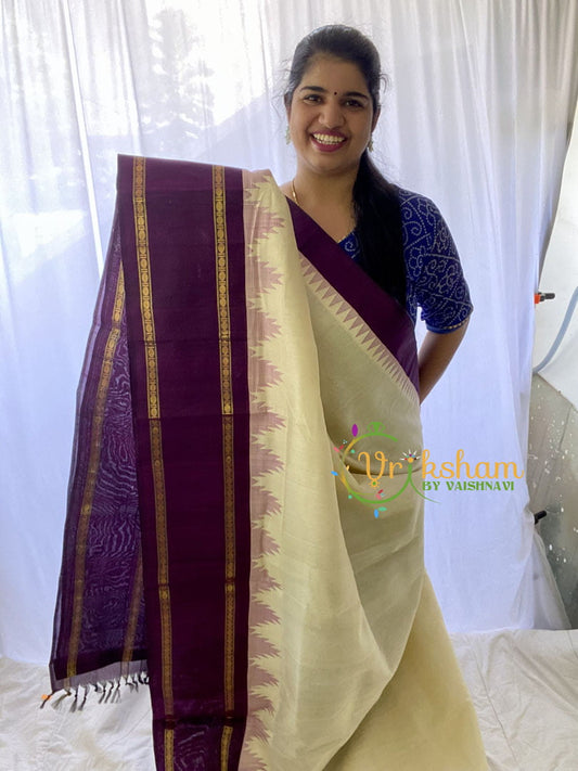 Half White Silk Cotton Saree with Purple Border -VS688