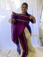 Half White Silk Cotton Saree with Purple Border -VS688