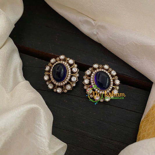 Deep Blue Oval Victorian Diamond Studs -VV806