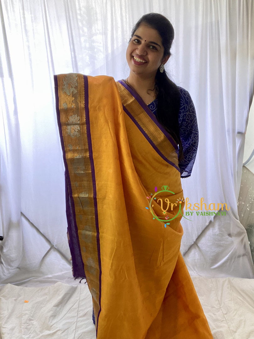 Yellow with Violet Border Korvai Handloom Silk Cotton Saree-VS66