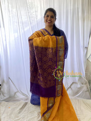 Yellow with Violet Border Korvai Handloom Silk Cotton Saree-VS66
