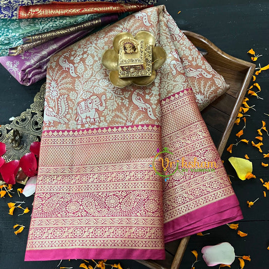 Peach Silk with Red Border Saree-Kanchi Silk Saree -VS016