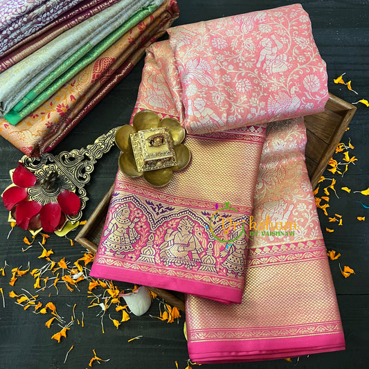 Pastel Pink with Hot Pink Border Saree-Kanchi Silk-VS025