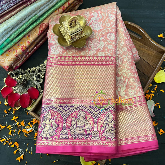 Pastel Pink with Hot Pink Border Saree-Kanchi Silk-VS025