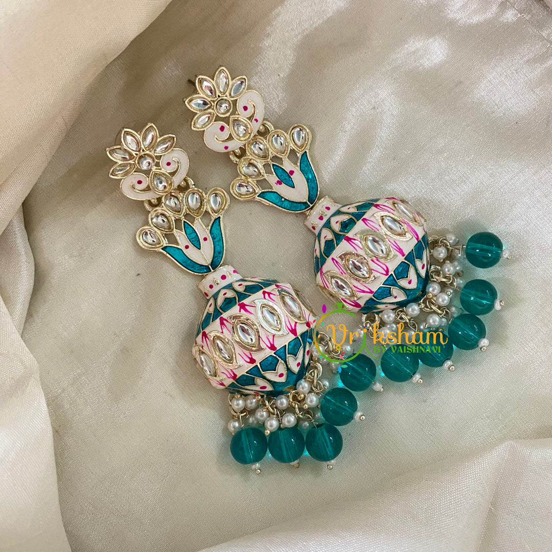 Teal Green Kundan Meenakari Long Jhumkas -Half Jhumka -G8204