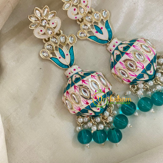 Teal Green Kundan Meenakari Long Jhumkas -Half Jhumka -G8204