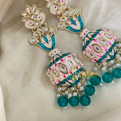 Teal Green Kundan Meenakari Long Jhumkas -Half Jhumka -G8204