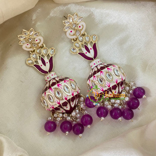 Purple Kundan Meenakari Long Jhumkas -Half Jhumka -G8205