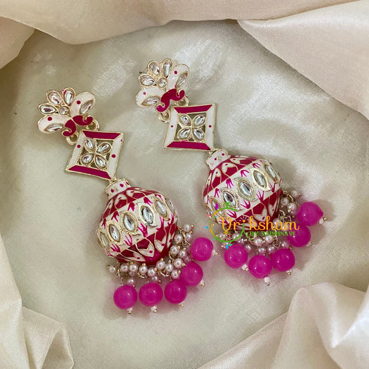 Hot Pink Kundan Meenakari Long Jhumkas -Half Jhumka -G8207