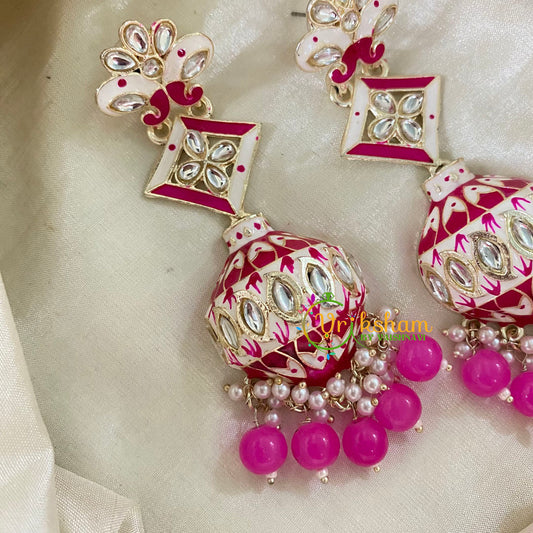 Hot Pink Kundan Meenakari Long Jhumkas -Half Jhumka -G8207