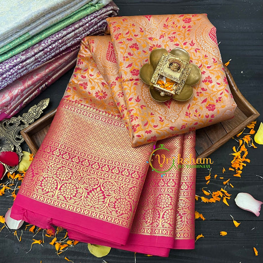 Pastel Silk with Pink Border Saree-Kanchi Silk Saree -VS021