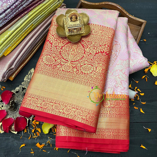 Light Pink Silk with Red Border Saree-Kanchi Silk Saree -VS022