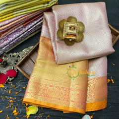 Pastel Pink Silk with Yellow Border Saree-Kanchi Silk Saree-VS024