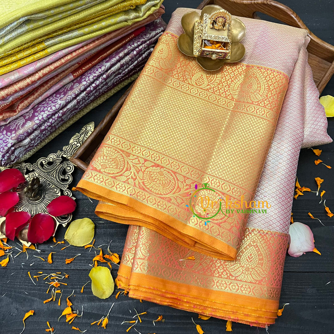 Pastel Pink Silk with Yellow Border Saree-Kanchi Silk Saree-VS024