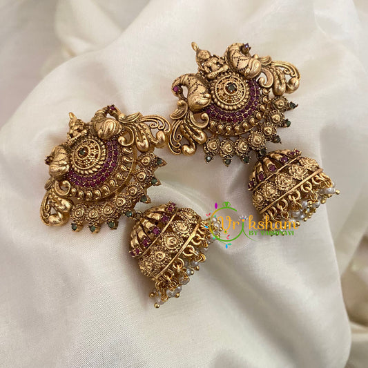 Premium Dual Peacock AD Stone Jhumkas -Red- G9169