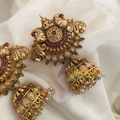 Premium Dual Peacock AD Stone Jhumkas -Red- G9169