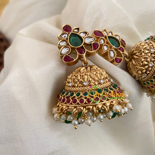 Premium AD Stone Jhumkas -Bridal Jhumkas -Green Bead-G9165