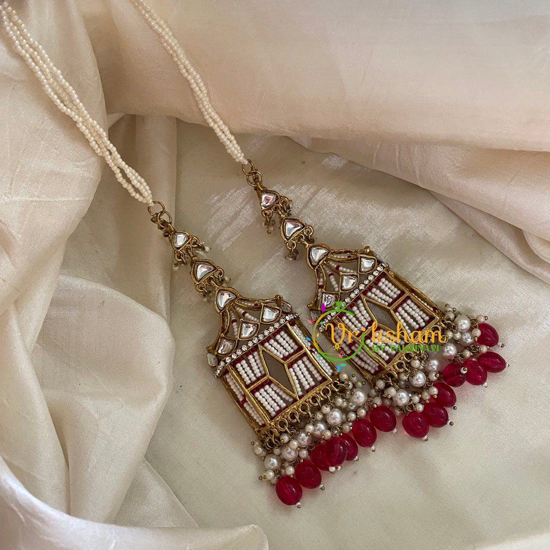 Red Bead Kundan Danglers with Pearl Maatil -G8174