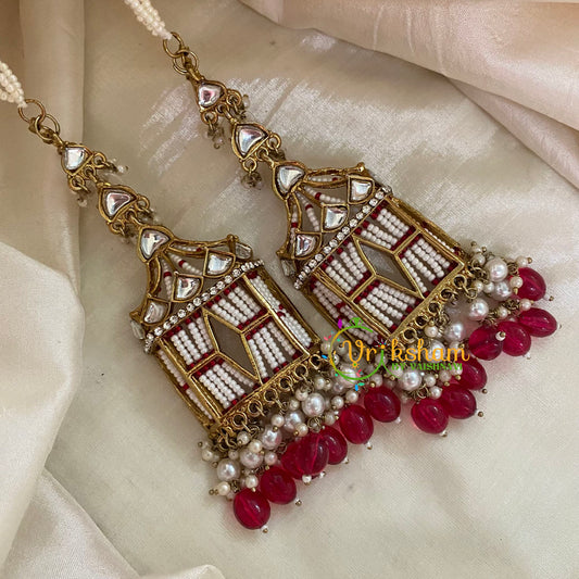 Red Bead Kundan Danglers with Pearl Maatil -G8174