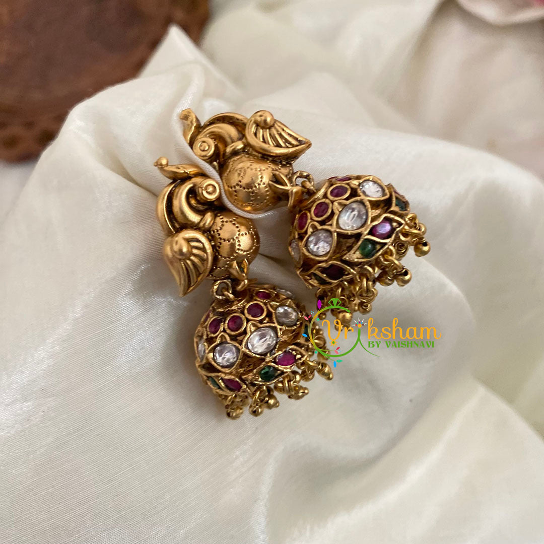 Premium Antique Peacock AD Stone Jhumkas - G9145