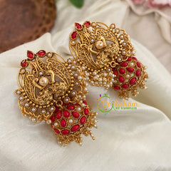 Premium Dual Peacock AD Stone Jhumkas -Orange Red- G9154