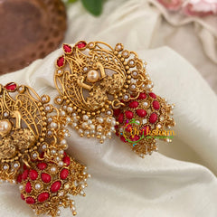 Premium Dual Peacock AD Stone Jhumkas -Orange Red- G9154