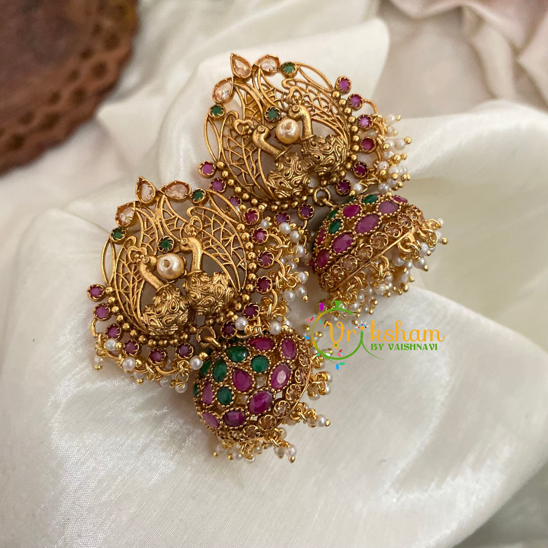 Premium Dual Peacock AD Stone Jhumkas -Red Green - G9156