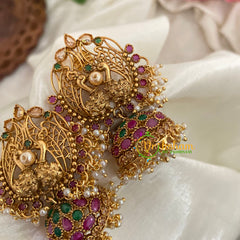 Premium Dual Peacock AD Stone Jhumkas -Red Green - G9156