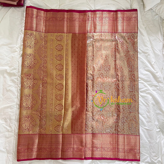 Peach Silk with Red Border Saree-Kanchi Silk Saree -VS016