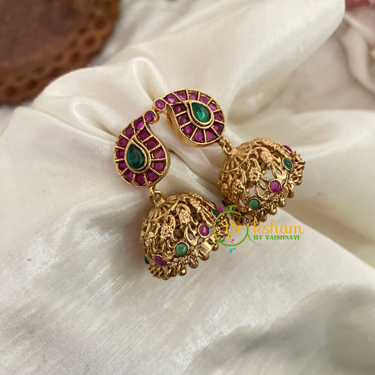 Premium AD Stone Jhumkas -Bridal Jhumkas-Red Green -G9161