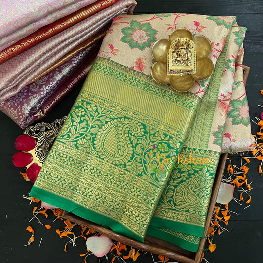 Beige Silk with Green Border Saree-Kanchi Silk Saree-VS026