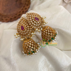 American Diamond Jhumkas -Red Tilak -Green Bead-G9117