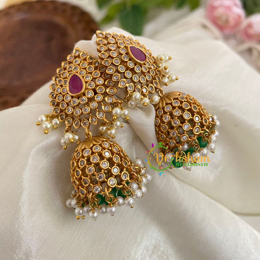 American Diamond Jhumkas -Red Tilak -Green Bead-G9117